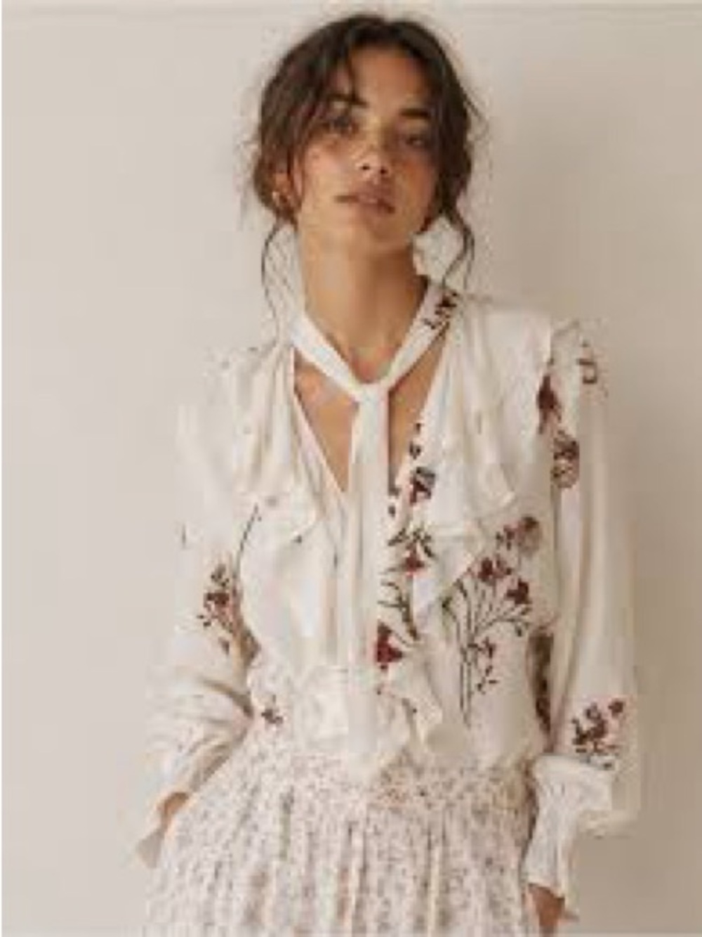 Little Moon Cream Floral Tie-Neck Ruffle Blouse